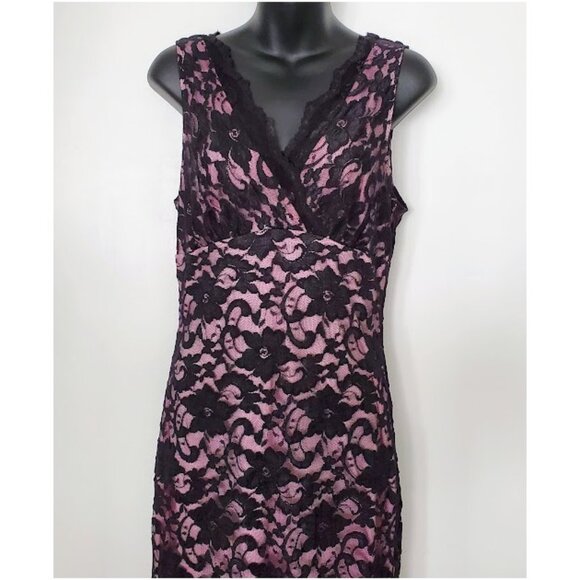 Black Floral Lace Dress Pink Lining Sleeveless V-Neck Mica Size L Whimsigoth - Picture 3 of 10
